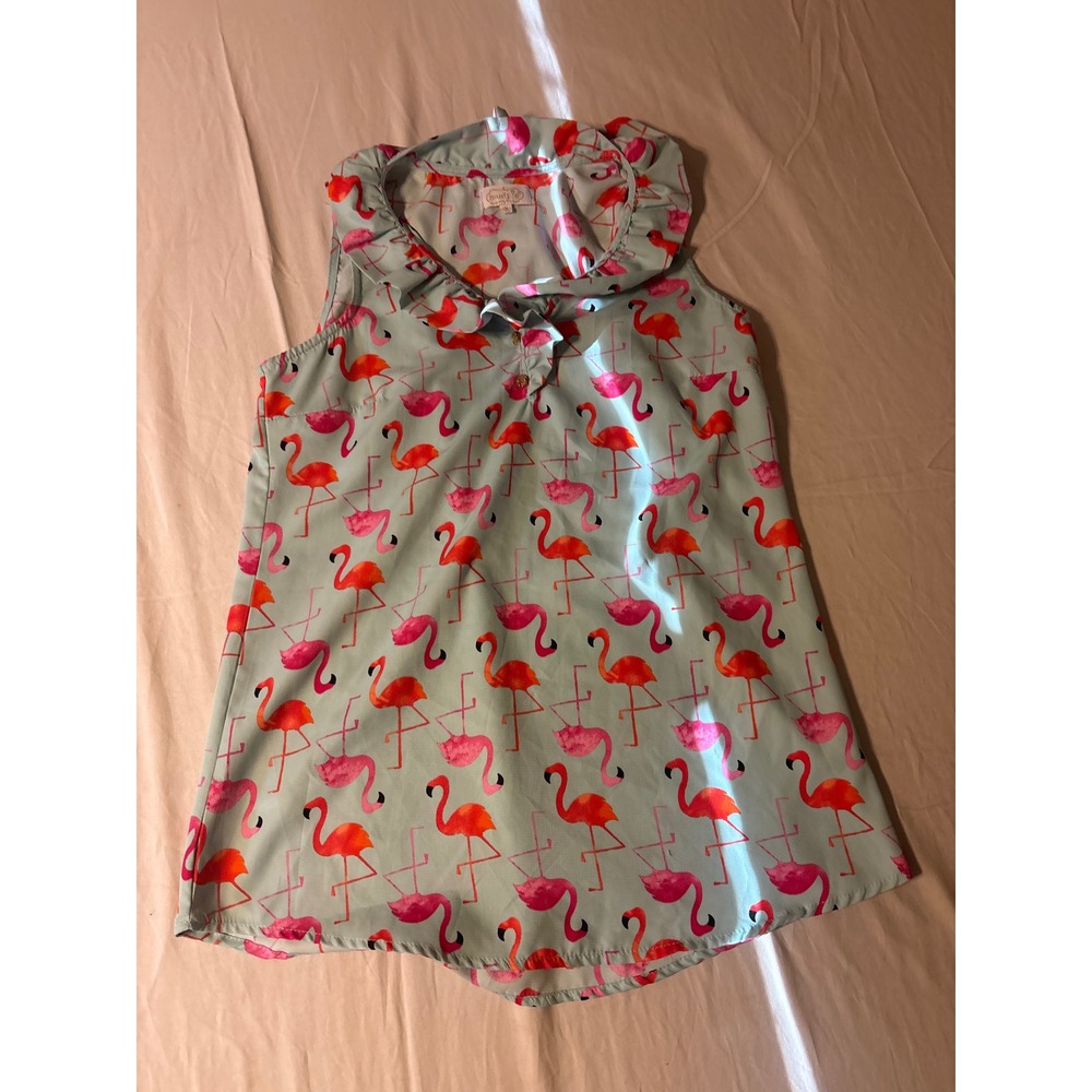 Mud Pie Flamingo Top Women Small Blue Pink Ruffle Sleeveless Tropical